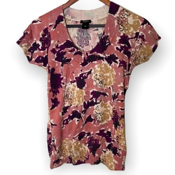 ANN TAYLOR Factory Floral Sweater Mauve Purple Tan Short Sleeve Scoop Neck M - Picture 2 of 9